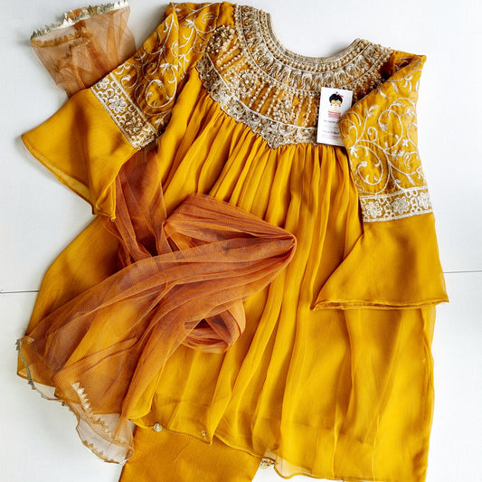 Girls Embroidered Tilla-work Frock With Trouser and Dupatta Set