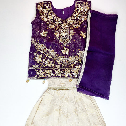 Pakistani/ Indian Girls Dress || Off White Banarsi Sharara and Purple Shirt Embellished with Golden Gota and Moti Handwork || Wedding Wear