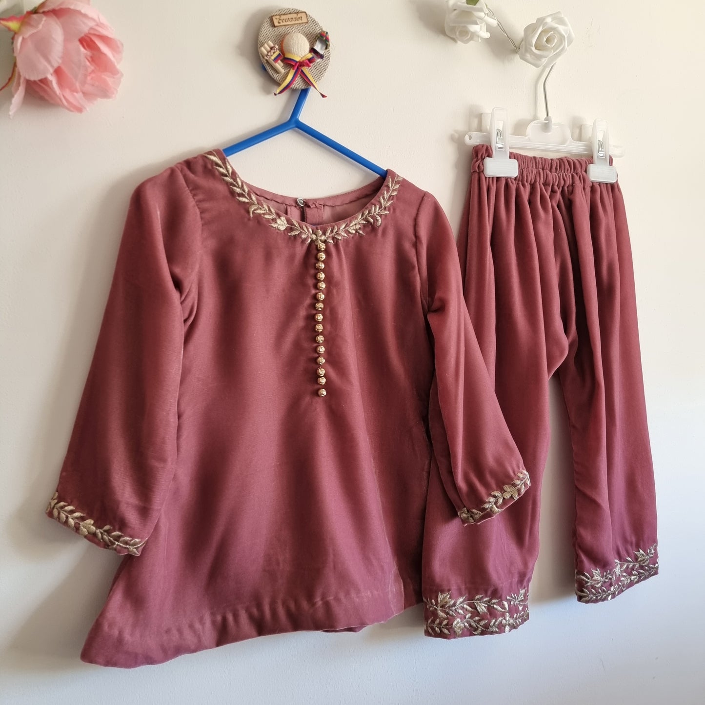 Baby Girl Tea Pink Velvet Salwar Kameez Gold Border 2PC Pakistani/Indian Wear