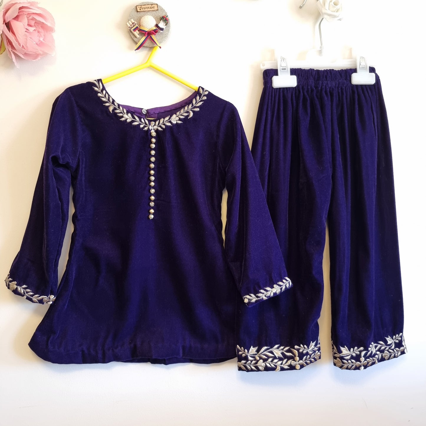 Baby Girl Winter Velvet Dress || Baby Girl Deep Purple Embroidered Velvet Dress