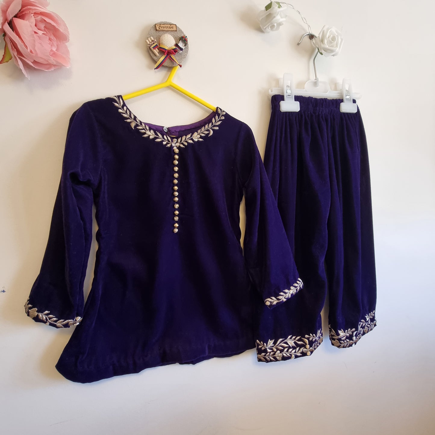 Baby Girl Winter Velvet Dress || Baby Girl Deep Purple Embroidered Velvet Dress