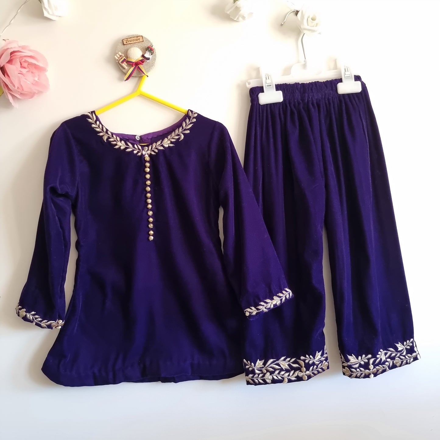 Baby Girl Winter Velvet Dress || Baby Girl Deep Purple Embroidered Velvet Dress